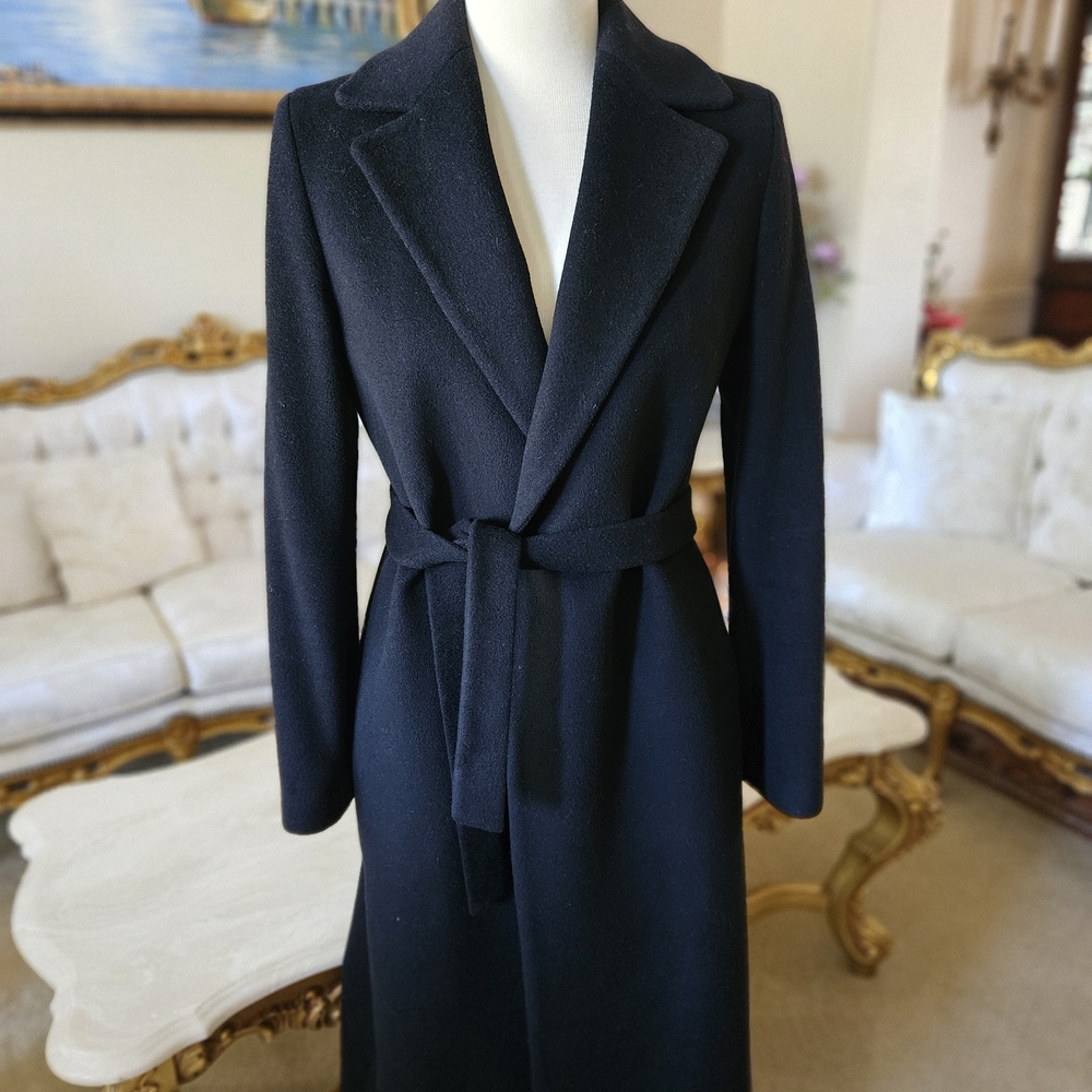 Elegant Black Belted Wrap Wool Coat